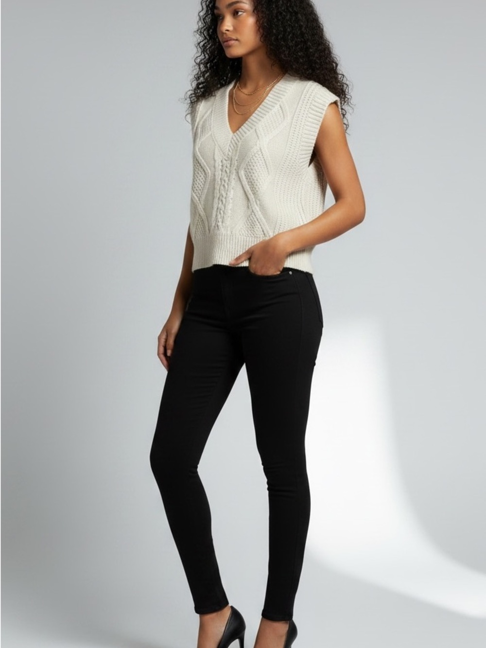 Hesperus Cream Cable Knit Crop Sweater Vest V-Neck XS